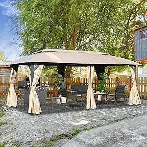 Gazebo 10x20FT, Outdoor Gazebo with Double Roofs, Privacy Curtains