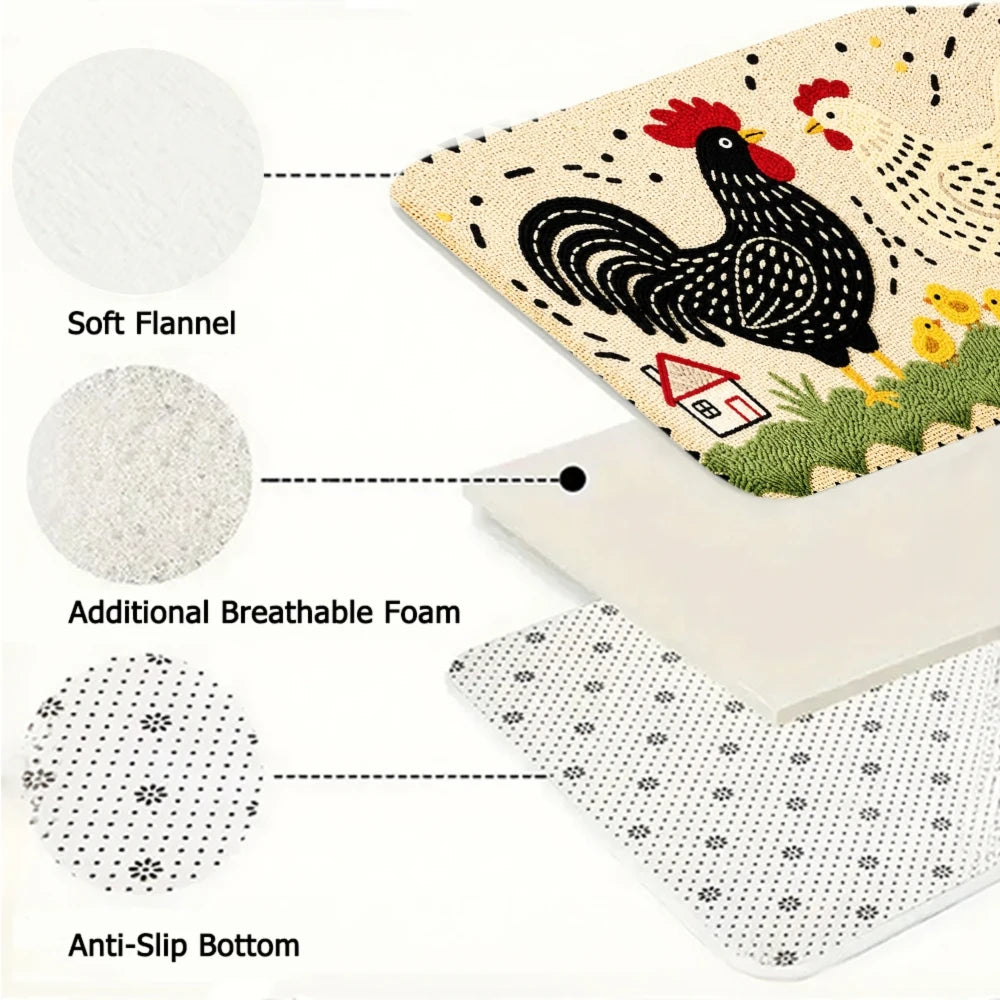 3PCS Kitchen Rugs,Rooster And Flowers Dining Mat