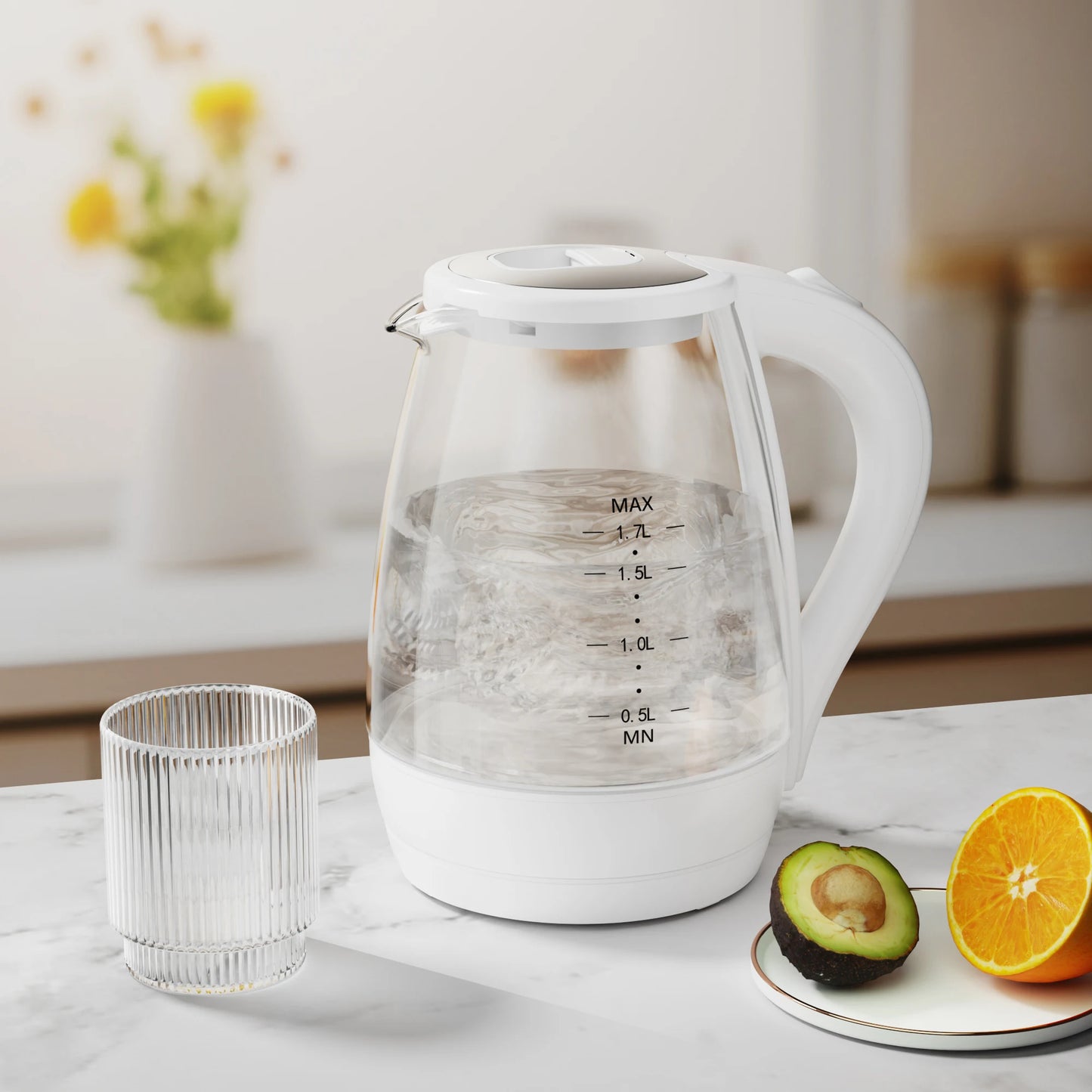 Electric Kettle- 1.7L Elegant Glass Tea Pot, 1200W Fast Boiling