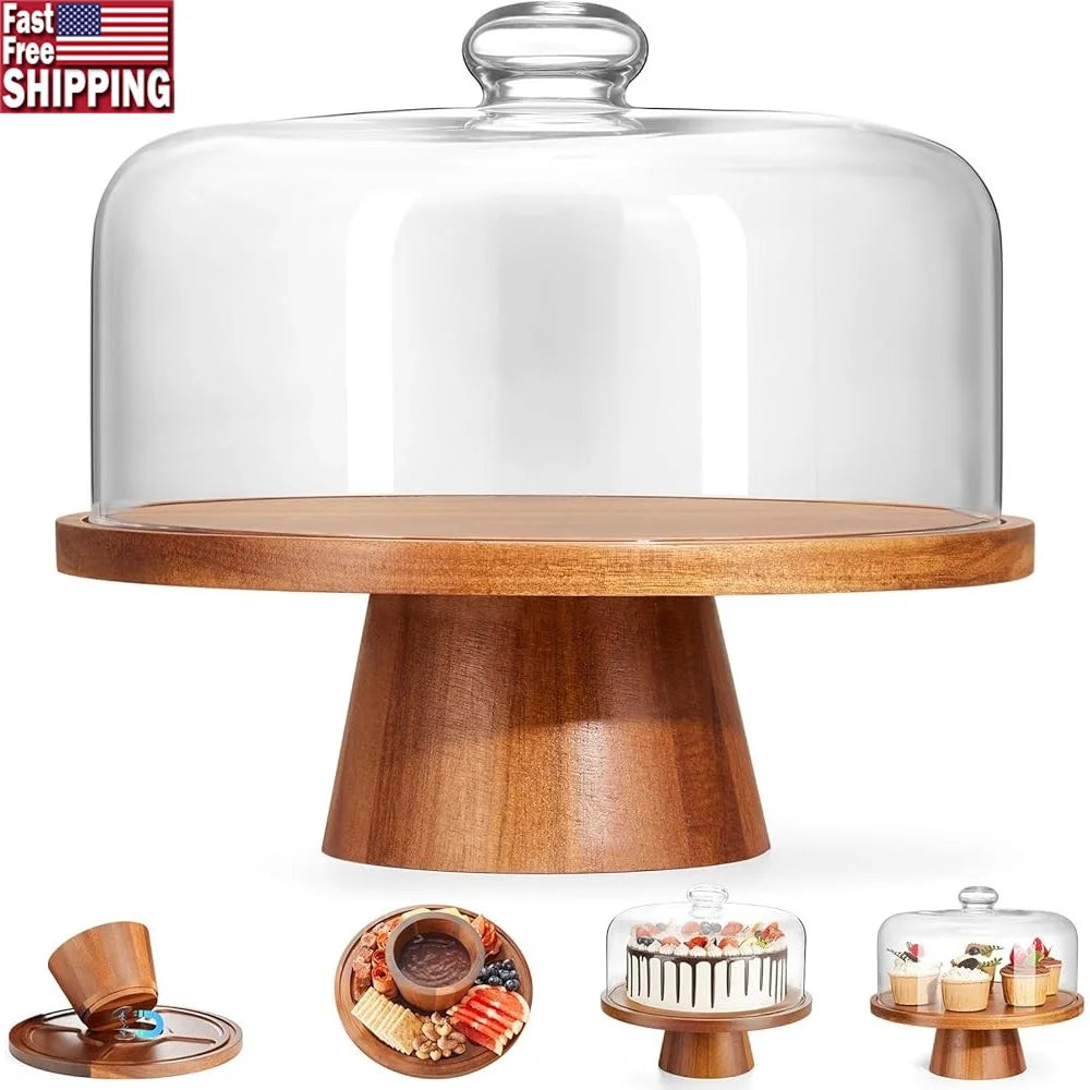 2-in-1 Wooden Glass Cake stand Dome Lid Charcuterie Board