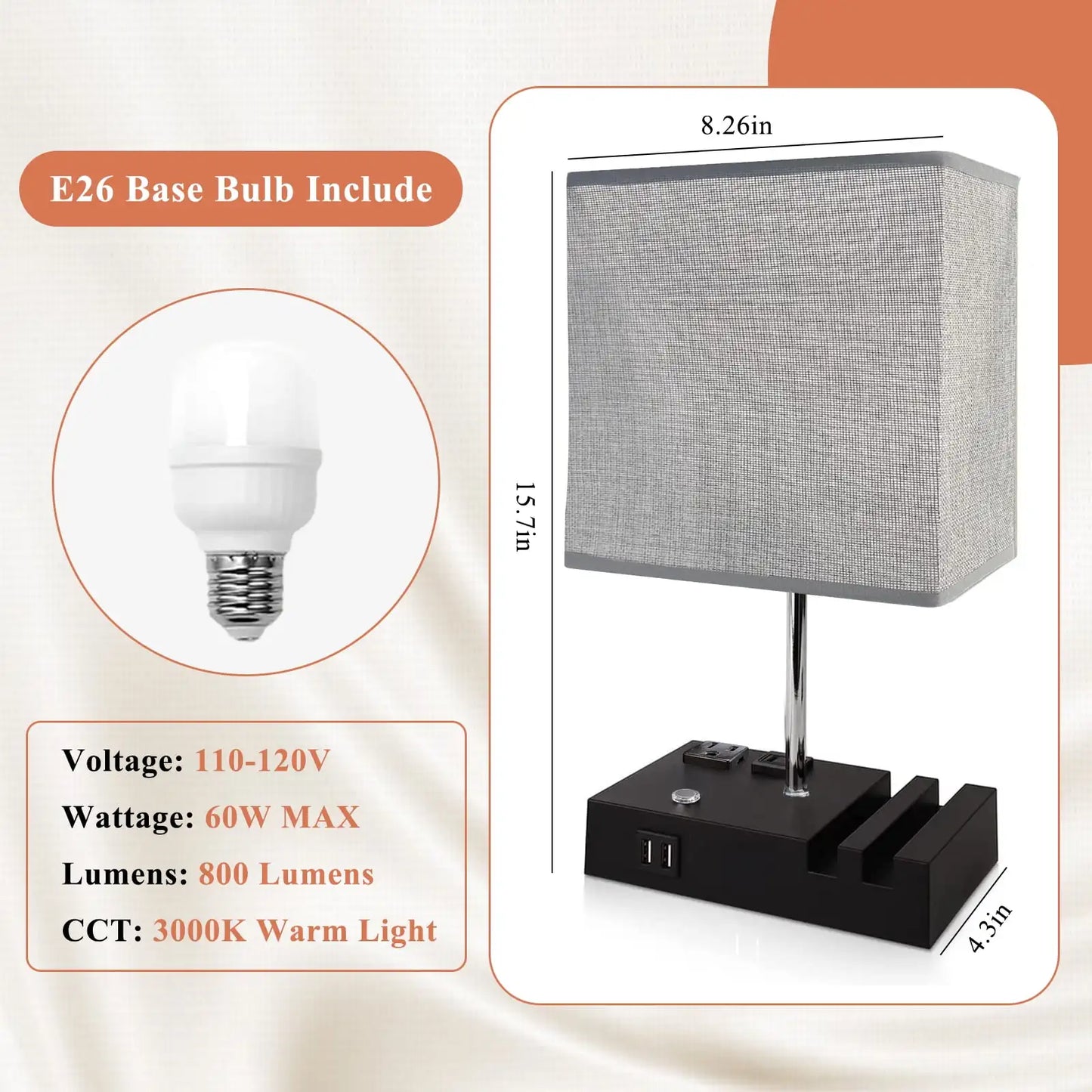 15.7" Table Lamp, USB Charging Ports, Dimmable