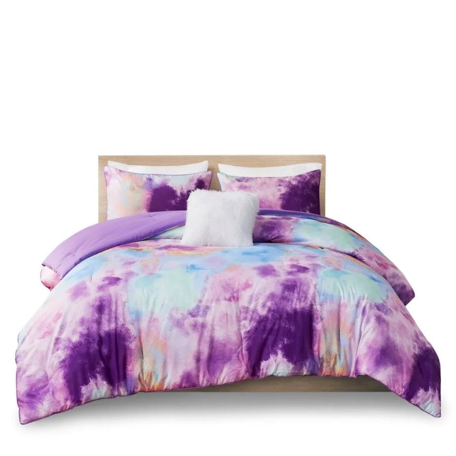 Watercolor Tie Dye Printed Comforter Set with Throw Pillow