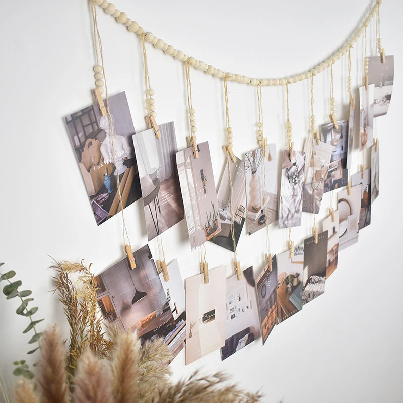 Photo Display Wall Hanging- Wooden Beads Macrame Tapestry