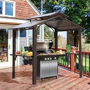8x5FT Hardtop Grill Gazebo, 2 Side Shelves and Ceiling Hook,
