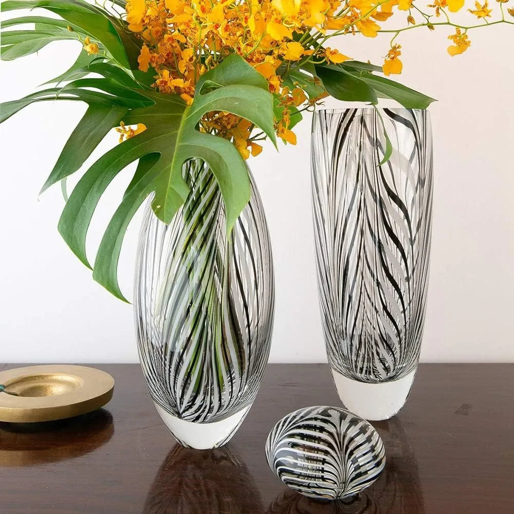 Glass Vase Black and White Feather Pattern Hand Blown