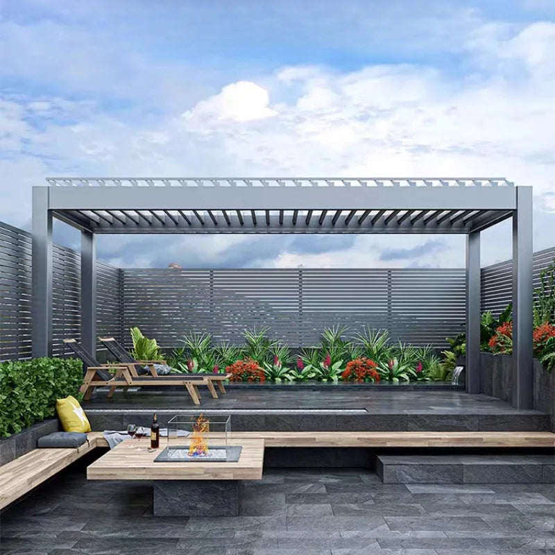 Aluminum pergola, rainproof, electrically adjustable gazebo
