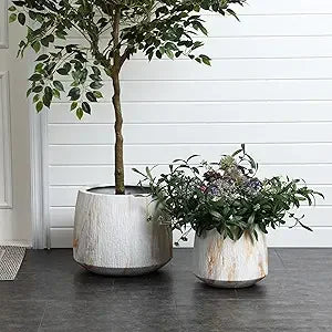 Round Planters, Set of 2 Large Outdoor, Drainage Hole
