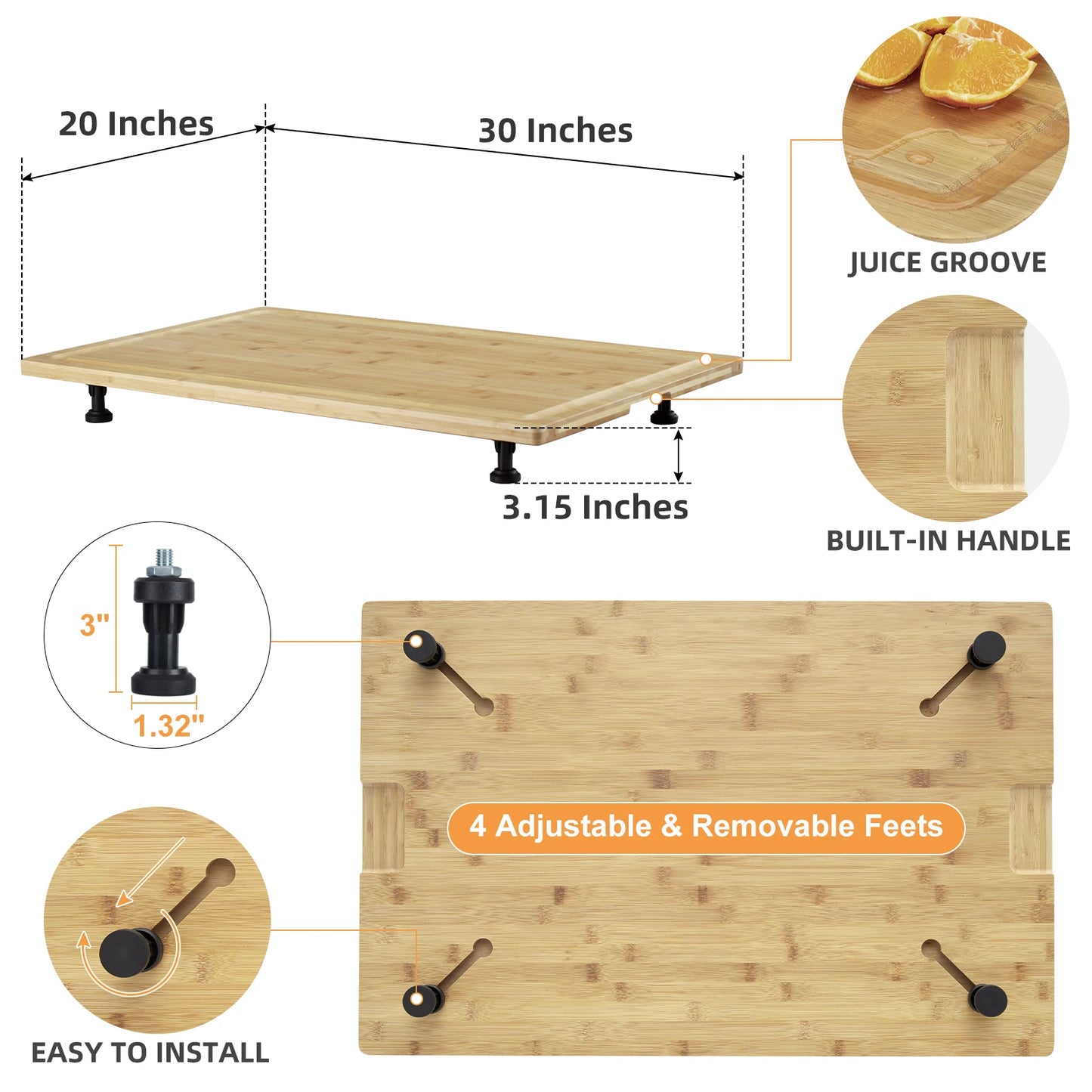 30"x20" Noodle Board Stove Cover with Removable Legs, Bamboo
