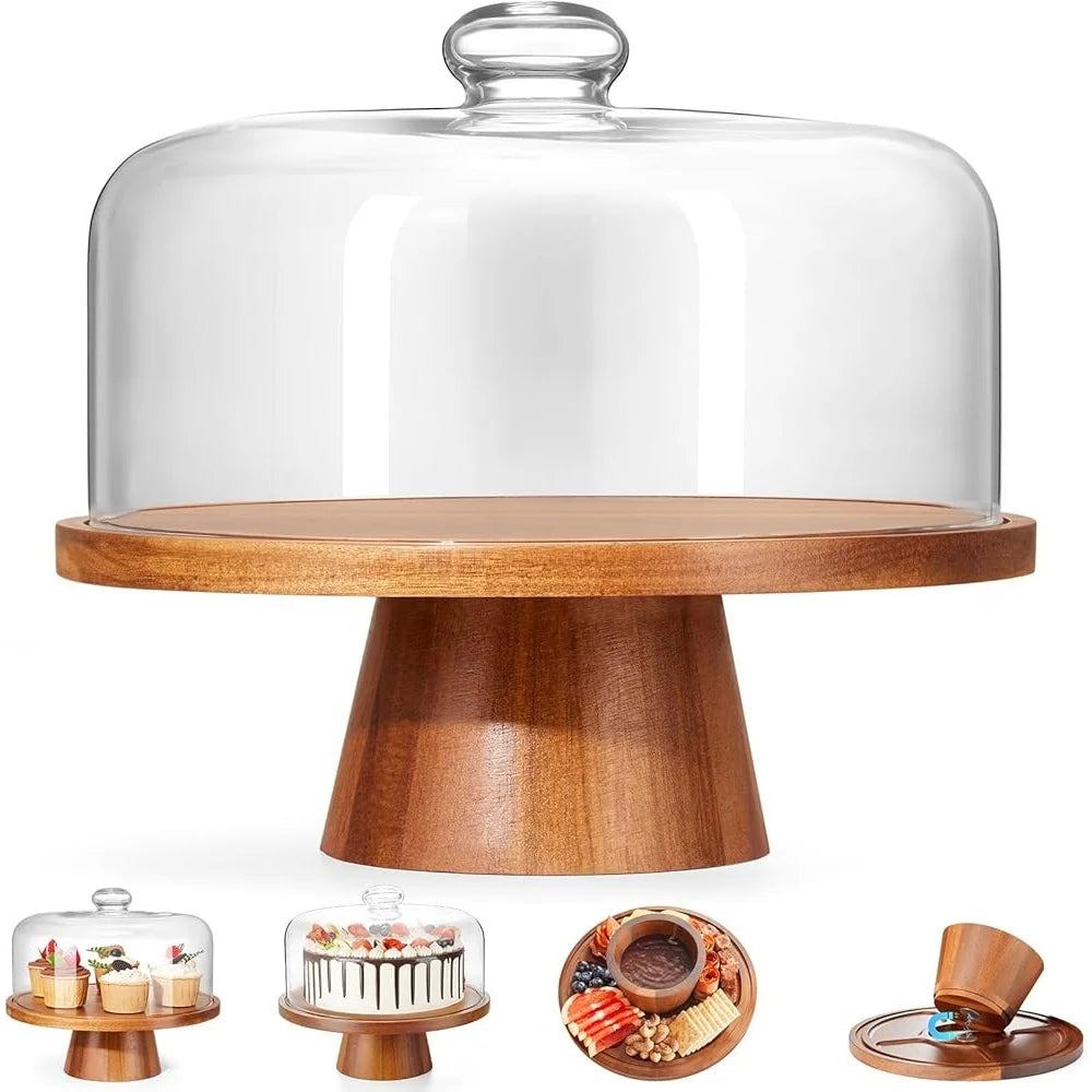 2-in-1 Wooden Glass Cake stand Dome Lid Charcuterie Board