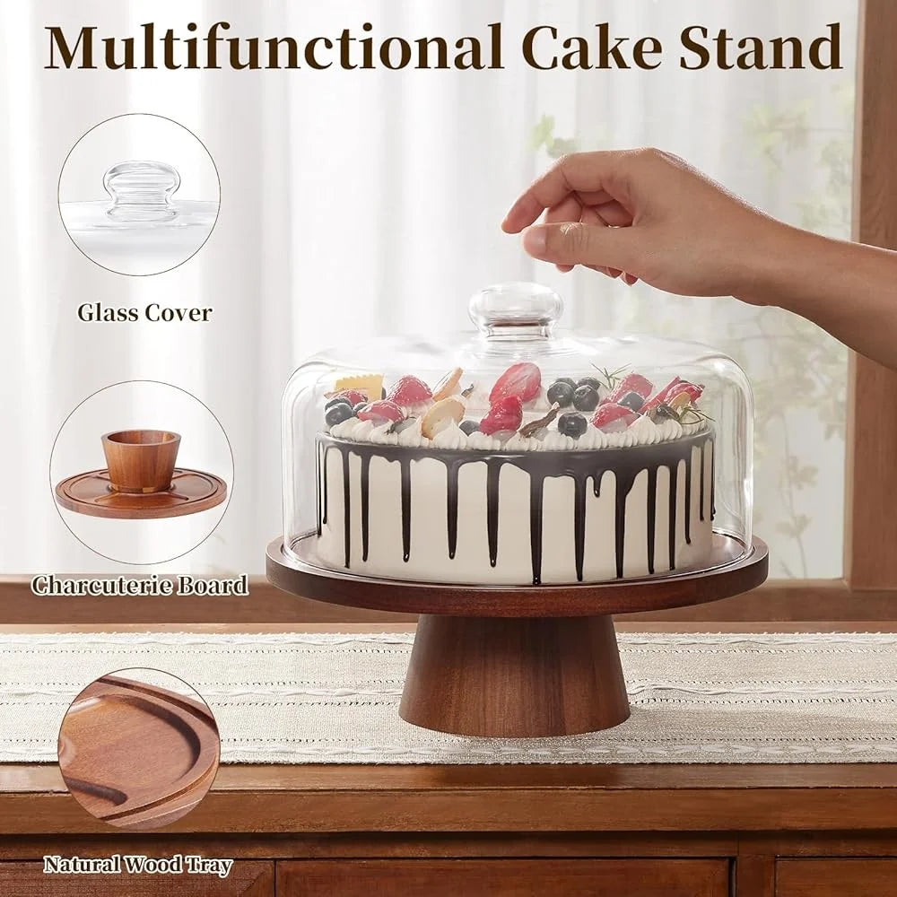 2-in-1 Wooden Glass Cake stand Dome Lid Charcuterie Board