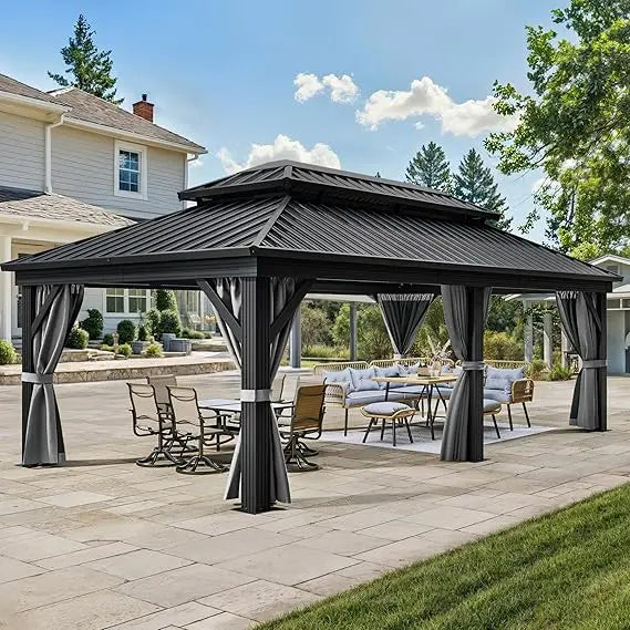 Gazebo 12x18ft Hardtop Heavy Duty Double Roof Outdoor Upgraded Galvanized w/Nettings Curtains Steel Combined of Horizontal Vert