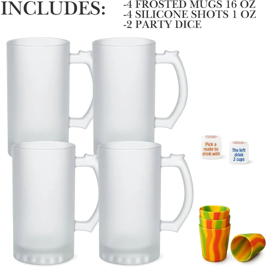 8Piece Beer Mugs Set for Freezer Storage 4 Beer Stein 4 Shot Glasses