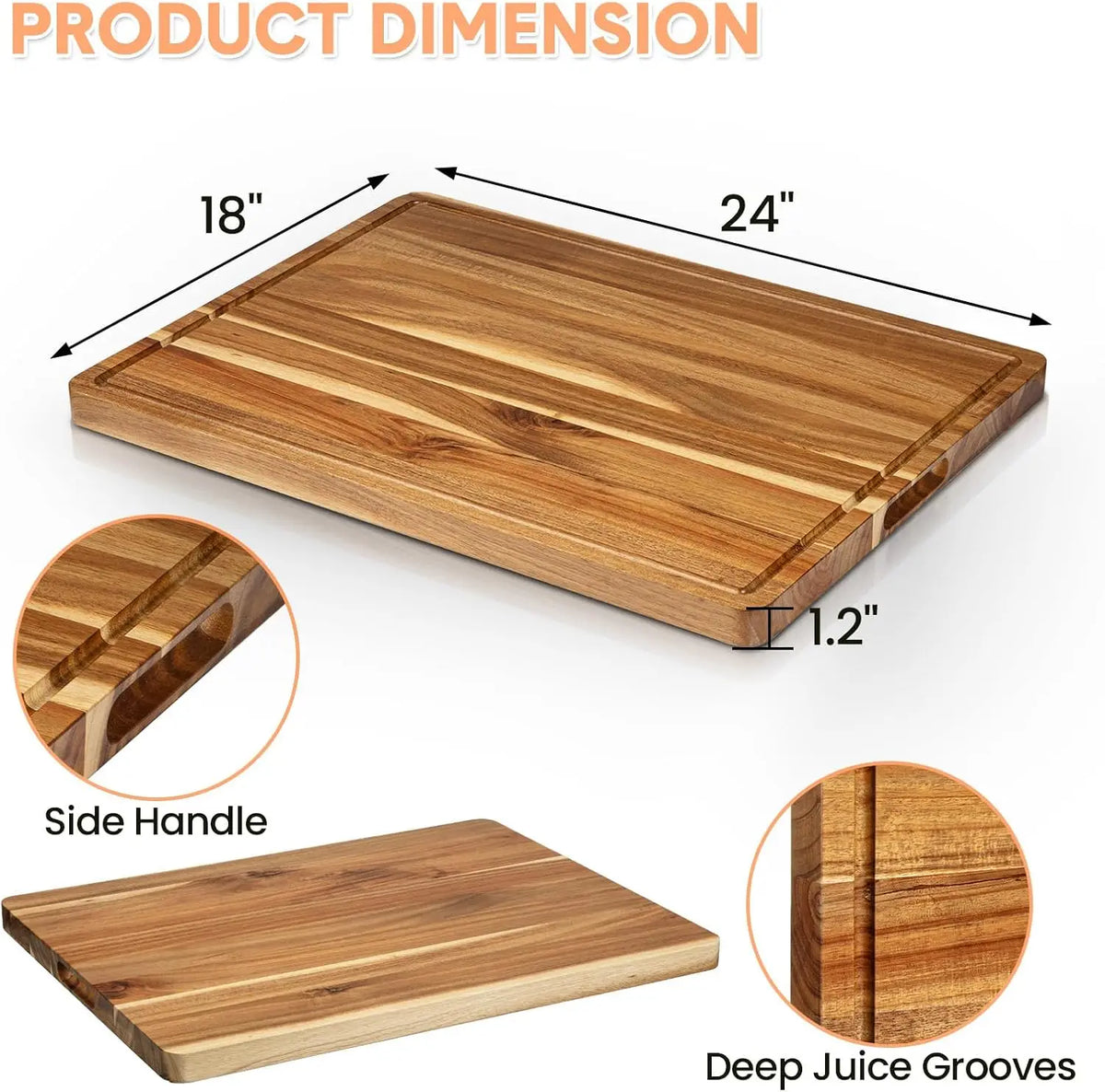 Acacia Wood Cutting Board, with Juice Groove Thick Solid Wood