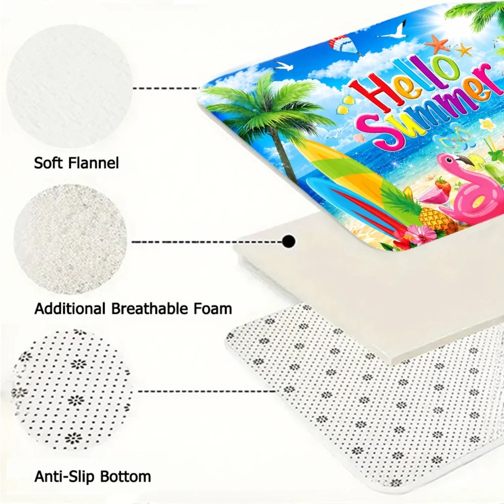 3PCS Rugs,Hello Summer Palm Trees Beach Ball Watermelon Dining Mat