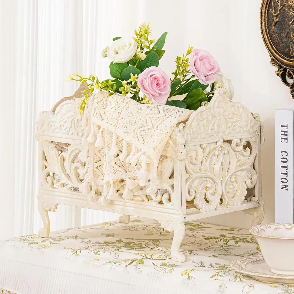 Rustic White Cast Iron Basket - Organizer Magazines, and Utensils