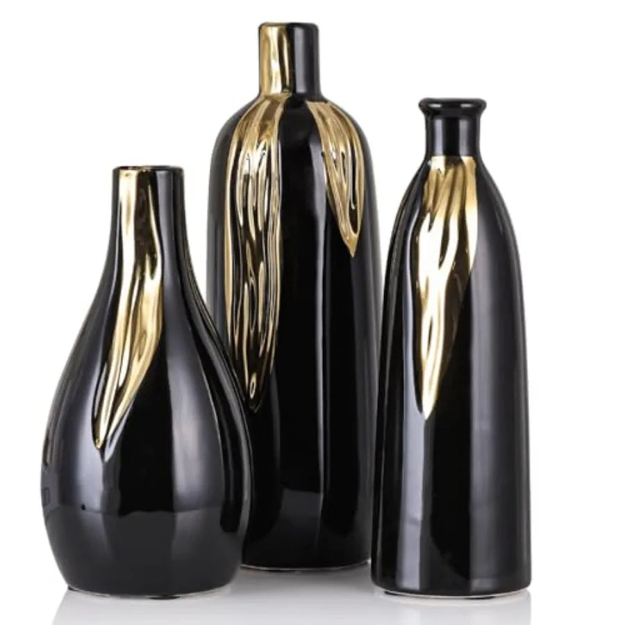 Ceramic Vase 3 Pcs Set, White and Silver Vases for Home Decor, Decorative Vases for Mantels, Shelves and Entryway Decor, Dining