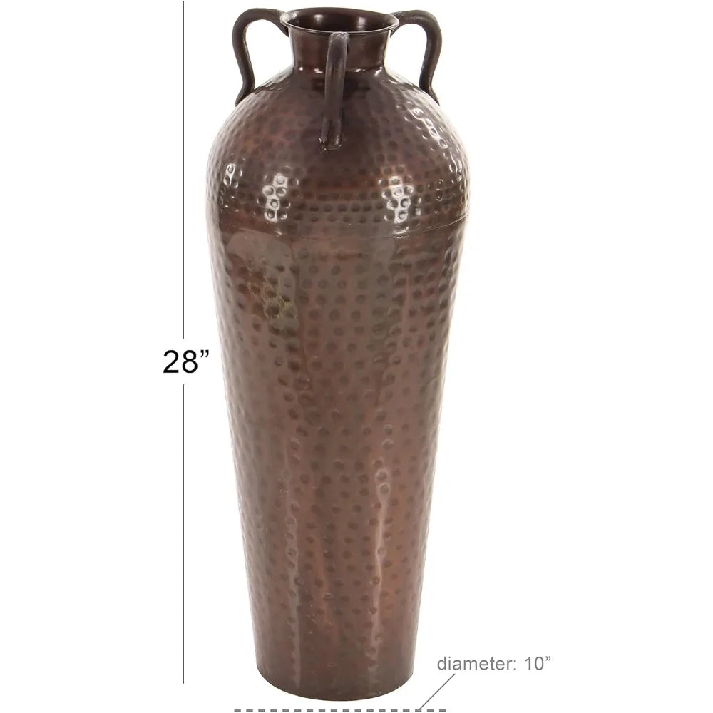 Tall Metal Floor Vase with Hammered Details, 10x10x28 Brown