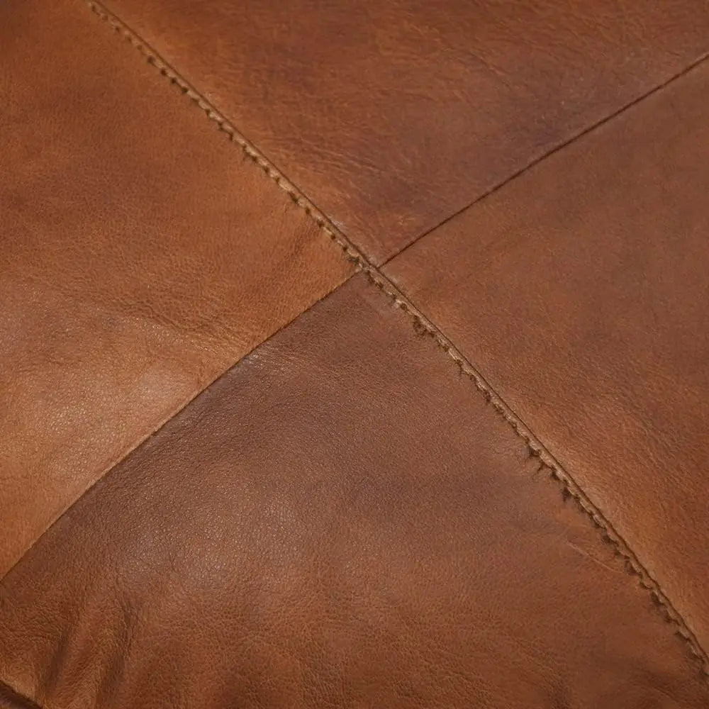 Round Shaped Leather Handmade Cognac Pouf , 14" x 14"x 14",