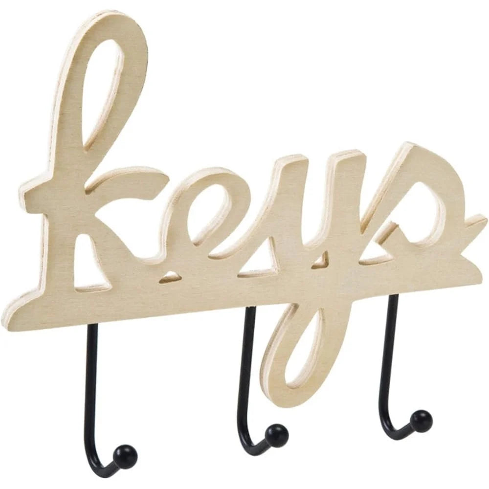 Wooden Key Holder with 3 Metal Hooks Wall Mount