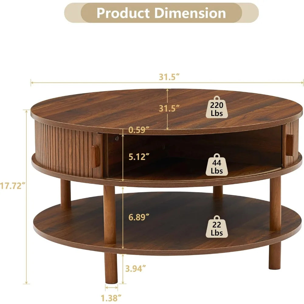 31.5” Round Coffee Table with Storage, Mid Century Modern 2 Tier Coffee Table with Tambour Sliding Door, Solid Wood Legs Fluted