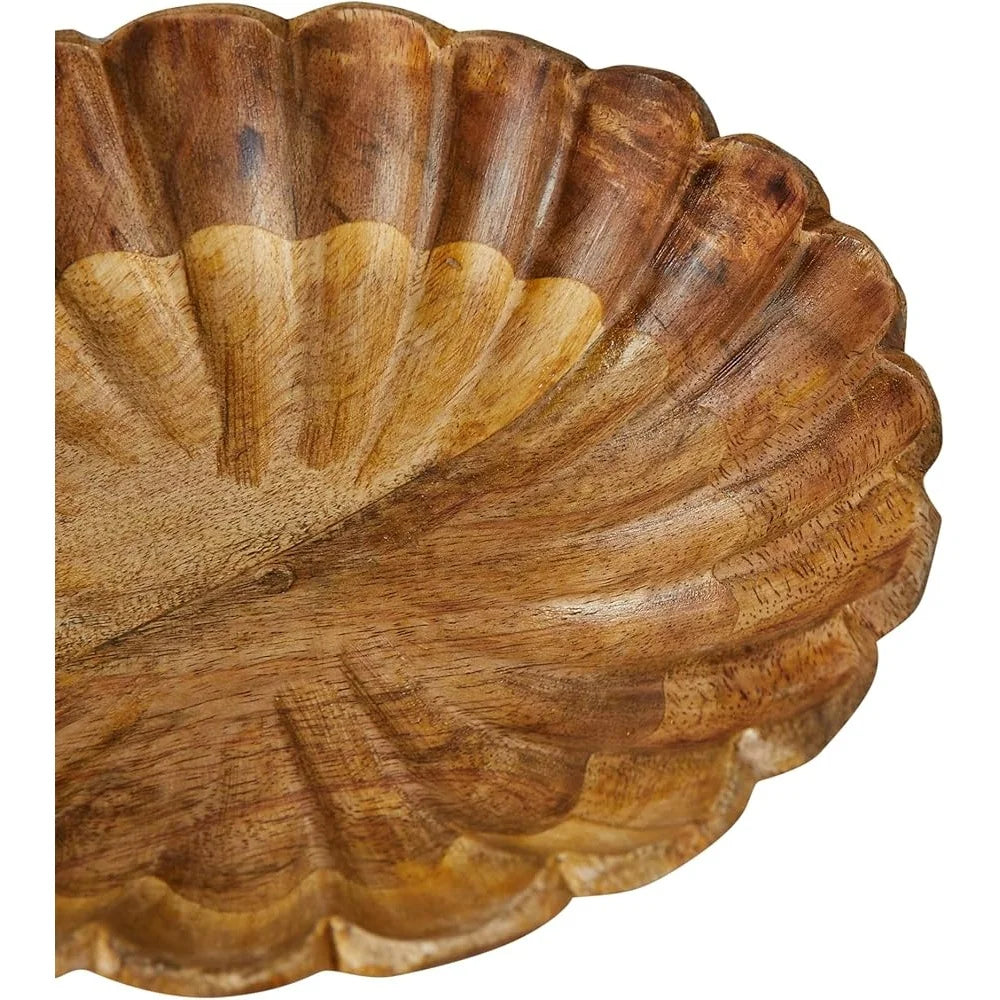 Boho Carved Wood Bowl Scalloped Edge Food Safe Mango Wood Decorative Centerpiece Modern Scandinavian Design 8 Inch