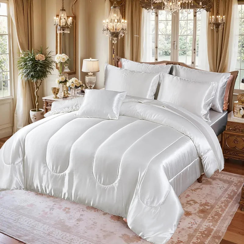 3pcs Reversible Silky Bedding Set, Satin Comforter 2 Pillowcases