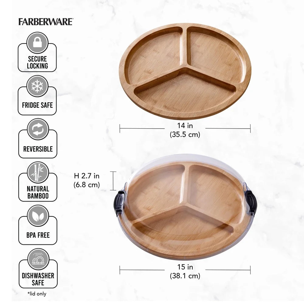 Round Bamboo Charcuterie Board 14 Inch 3 Compartments Locking Lid