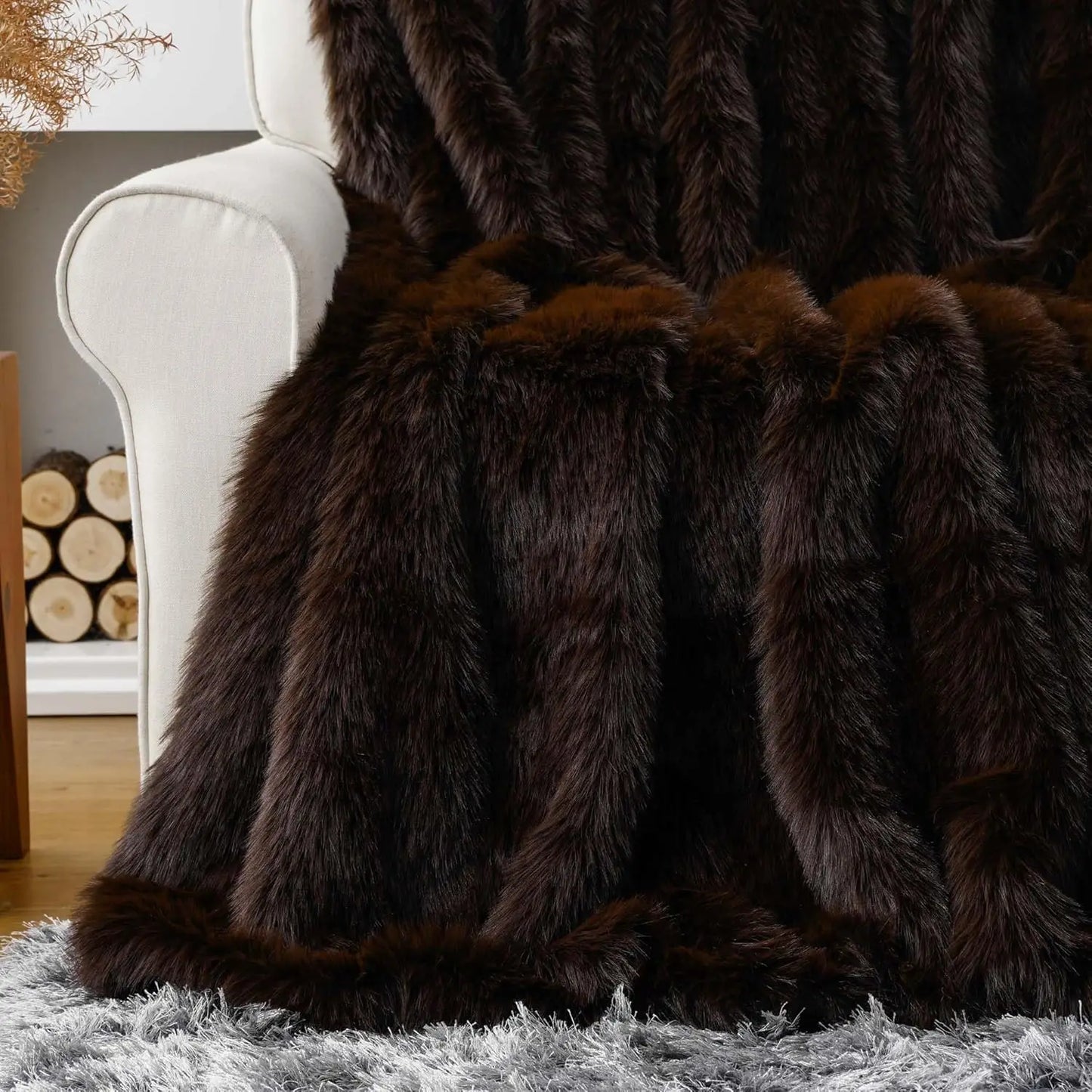 Luxury Brown Faux Fur Throw Blanket, Large King Size 60x80