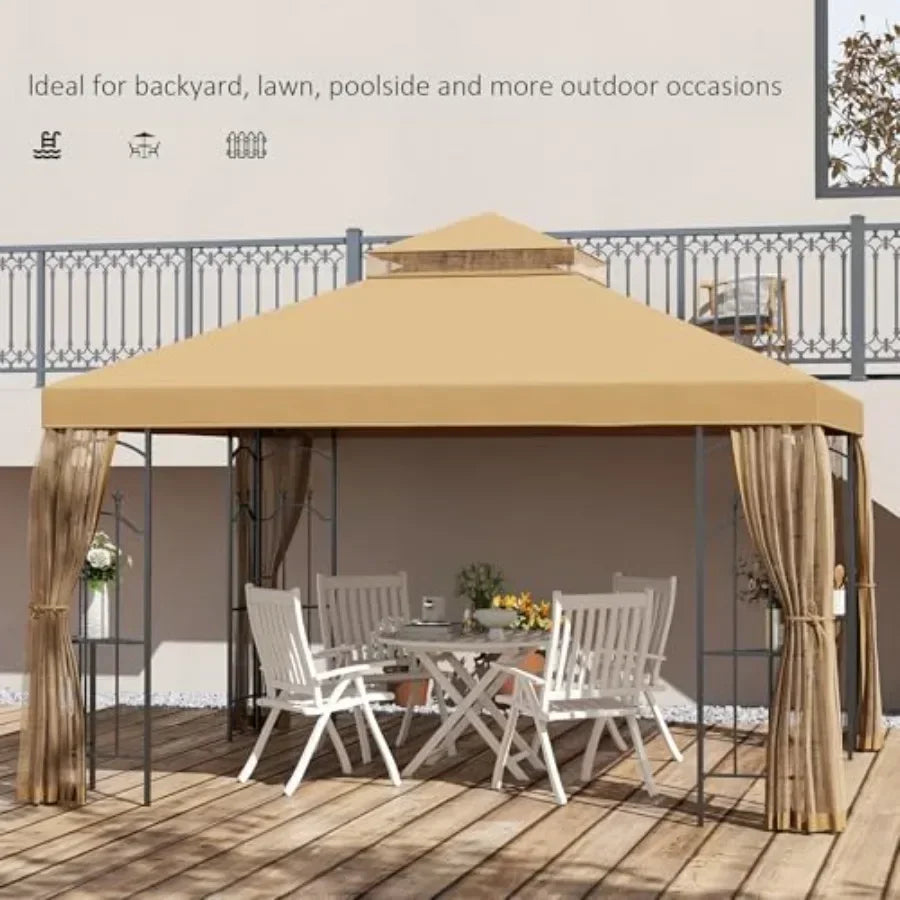 Gazebo with Fe Shelves Double Roof Outdoor Netting in Beige