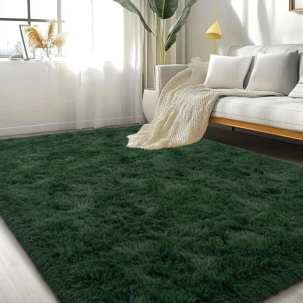 Large Area Rugs 8x10 Dark Green Fluffy Shaggy Plush Soft