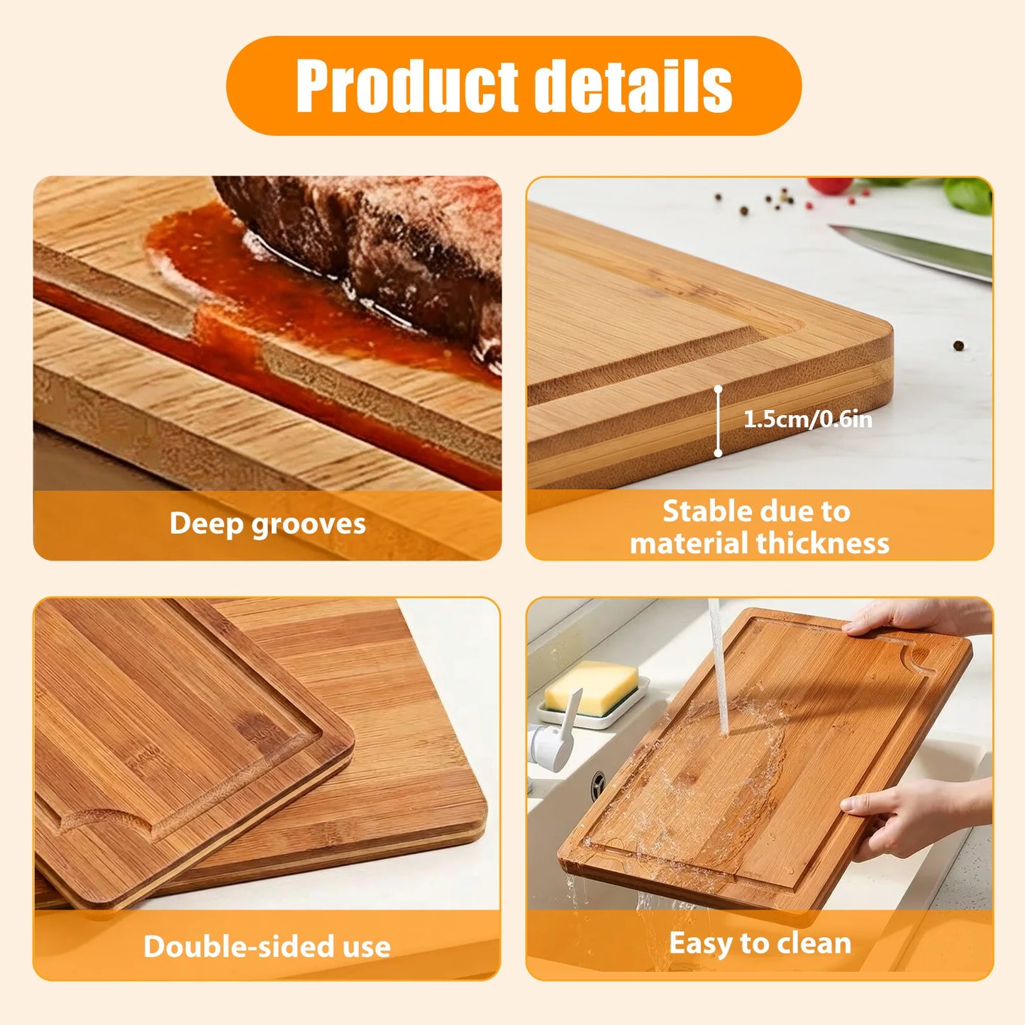 3-Piece Bamboo Cutting Boards (S/M/L), Juice Grooves & Non-Slip Handles