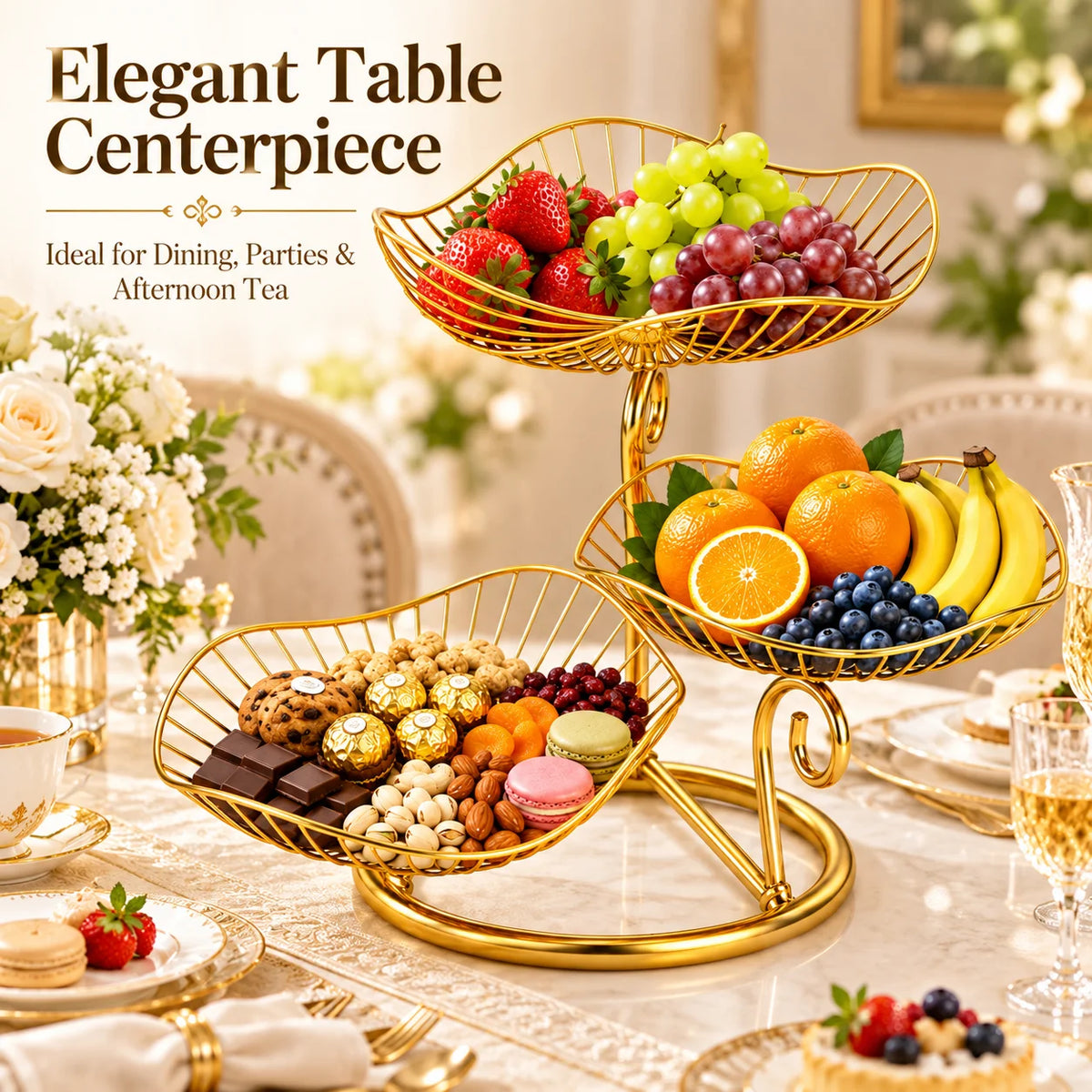 3-Tier Gold Metal Fruit Basket Stand,