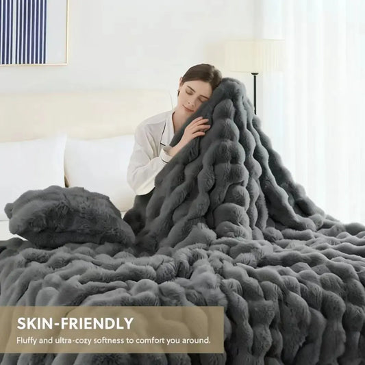Soft Cozy Faux Fur Rabbit Blanket, Warm Thick