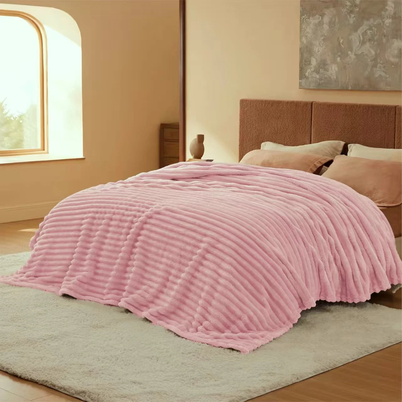 A Soft Cozy Faux Fur Rabbit Stripped Blanket, Warm and Thick - Rich Colors