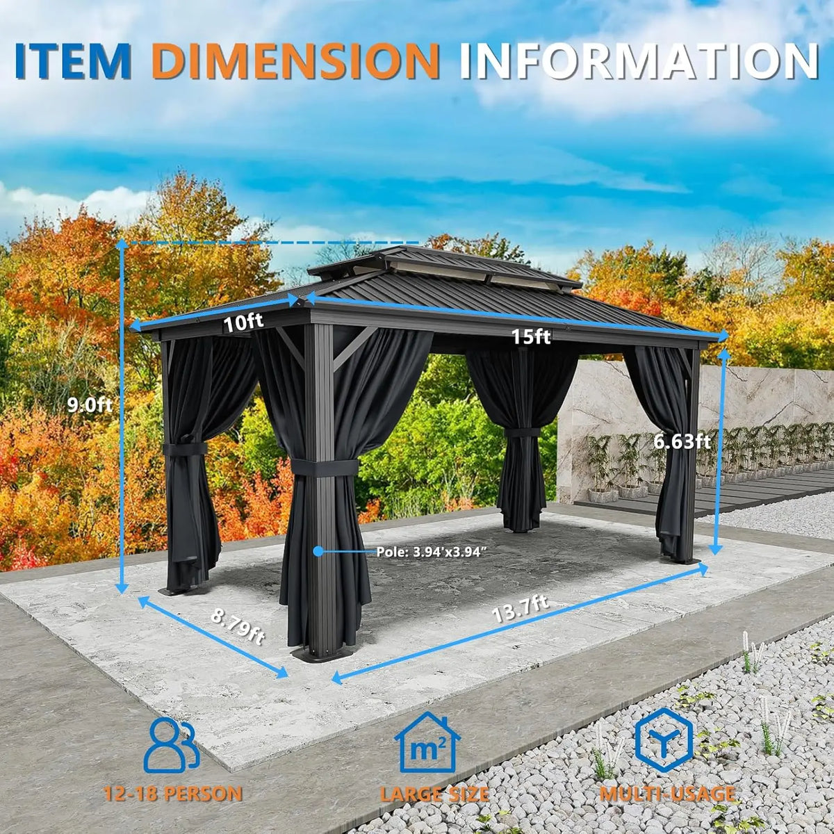 10x15 Hardtop Gazebo Heavy Duty Galvanized Steel Metal Roof,Hard Top