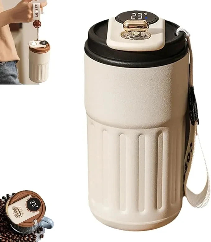 Coffee cup, vacuum insulated drum with temperature displa
