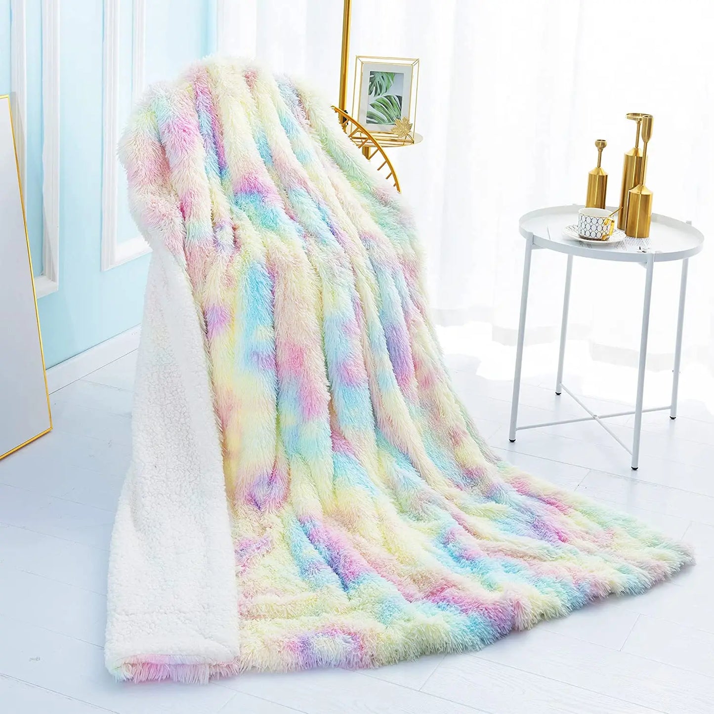 Soft Fuzzy Rainbow Blanket, Throw Blankets