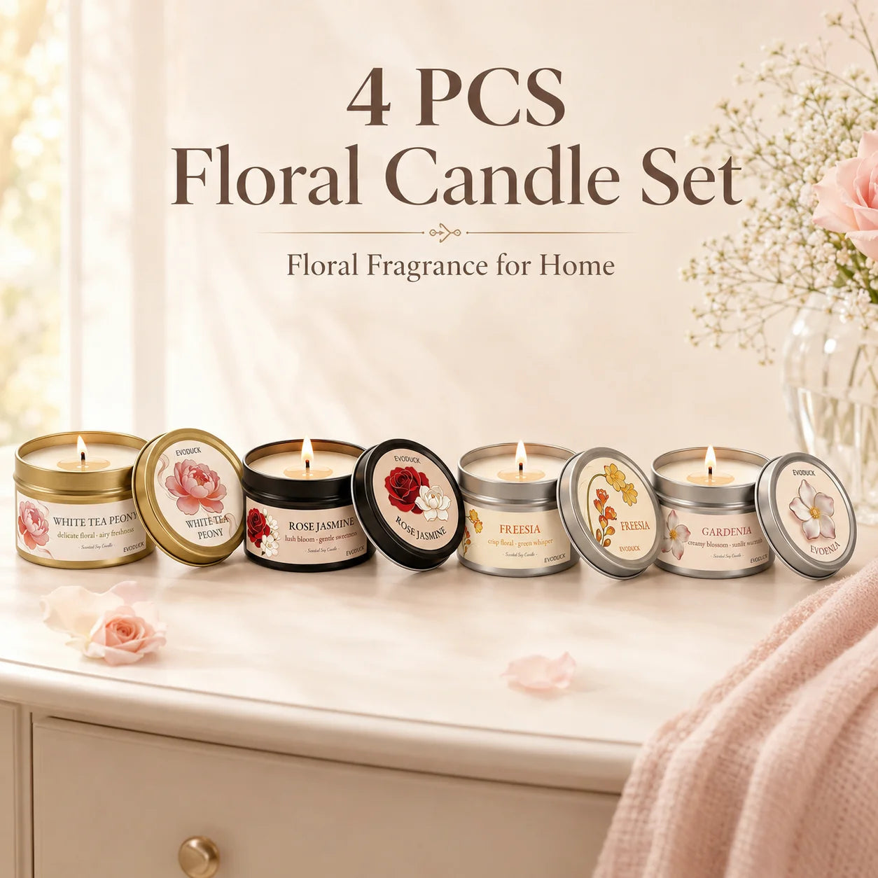 4Pcs Floral Scented Candle Set  Natural Soy Wax Tin Candles