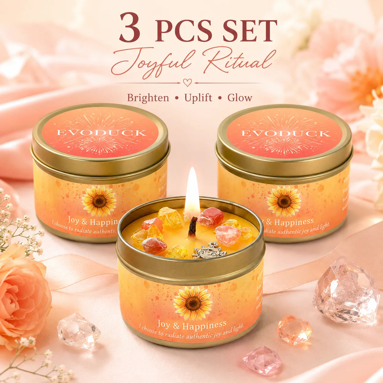 3Pcs Joy & Happiness Crystal Intention Scented Candle Set, Sweet Orange & Lemon Scented Soy Candles with Orange Calcite & Citrine, Positive Energy Mood Boost Uplifting Aromatherapy Tin Candles, Sunflower Summer Birthday Thank