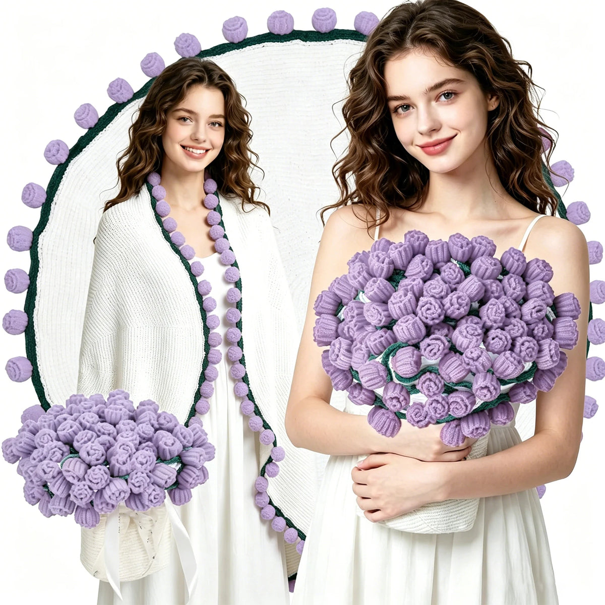 1pc Soft Crochet Rose Flower Bouquet Blanket, 63 Inch, 99