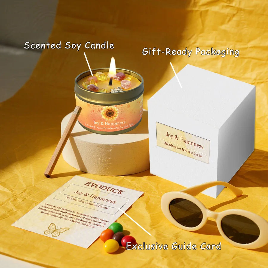 3Pcs Joy & Happiness Crystal Intention Scented Candle Set, Sweet Orange & Lemon Scented Soy Candles with Orange Calcite & Citrine, Positive Energy Mood Boost Uplifting Aromatherapy Tin Candles, Sunflower Summer Birthday Thank