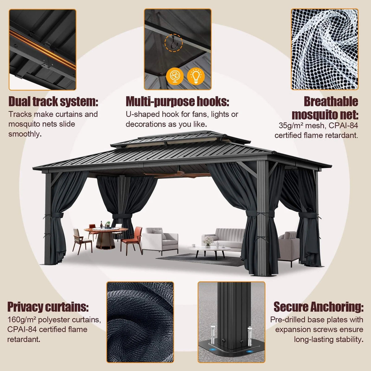 10x15 Hardtop Gazebo Heavy Duty Galvanized Steel Metal Roof,Hard Top