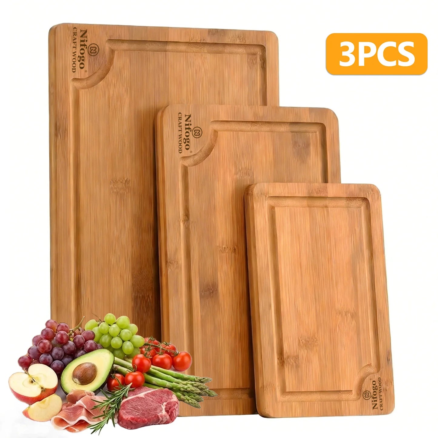 3-Piece Bamboo Cutting Boards (S/M/L), Juice Grooves & Non-Slip Handles