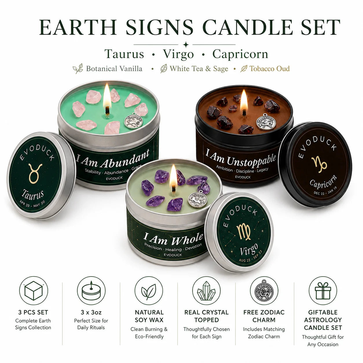 Earth Signs Zodiac Candle Set 3 Pack Scented Soy Candles