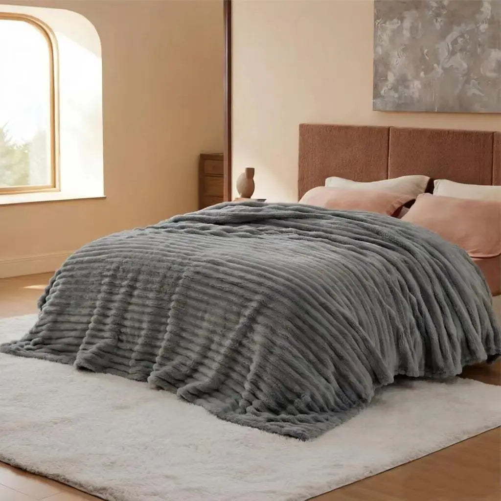 A Soft Cozy Faux Fur Rabbit Stripped Blanket, Warm and Thick - Rich Colors