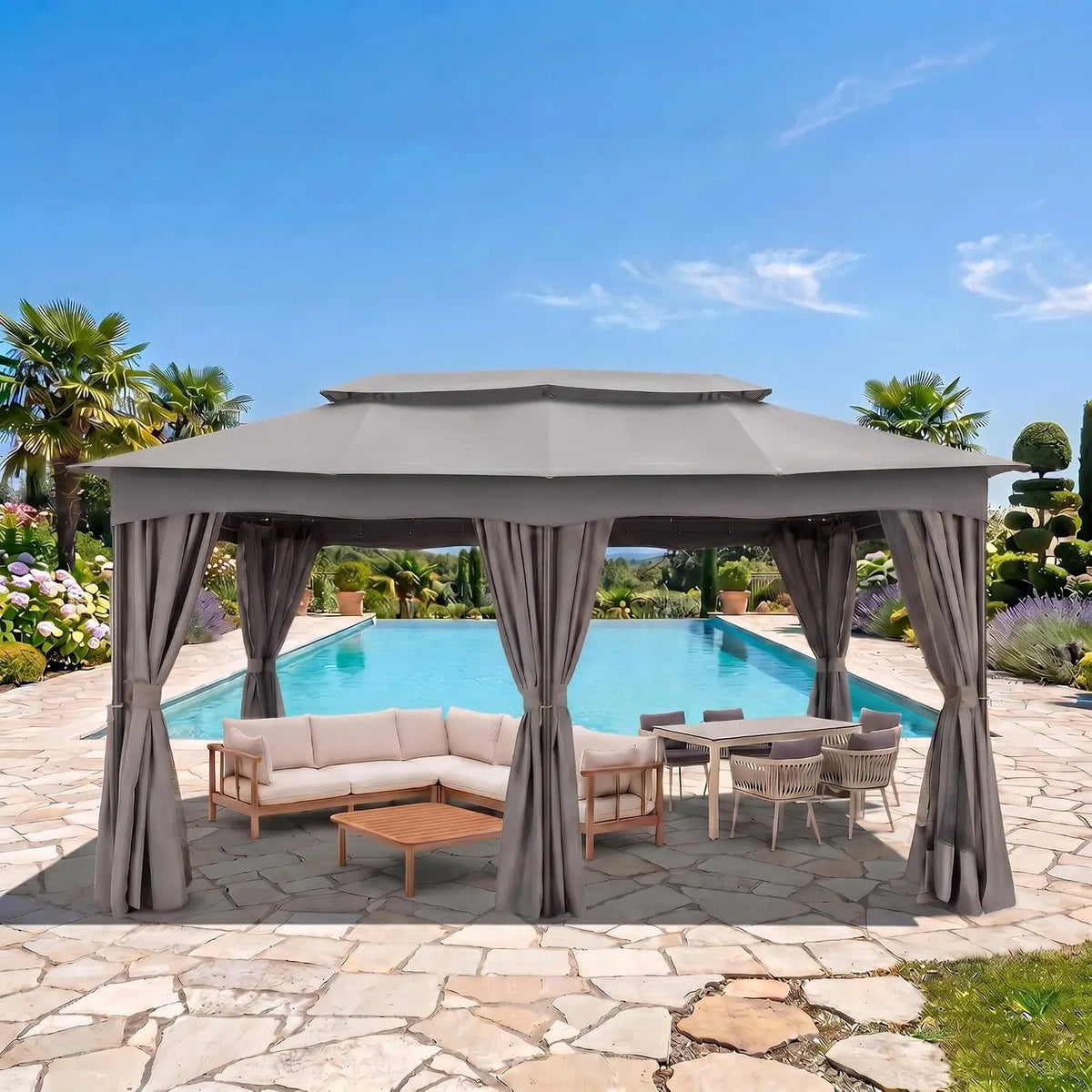 12x20FT Large Outdoor Patio Gazebo, Double Roof Soft Mosquito Netting,