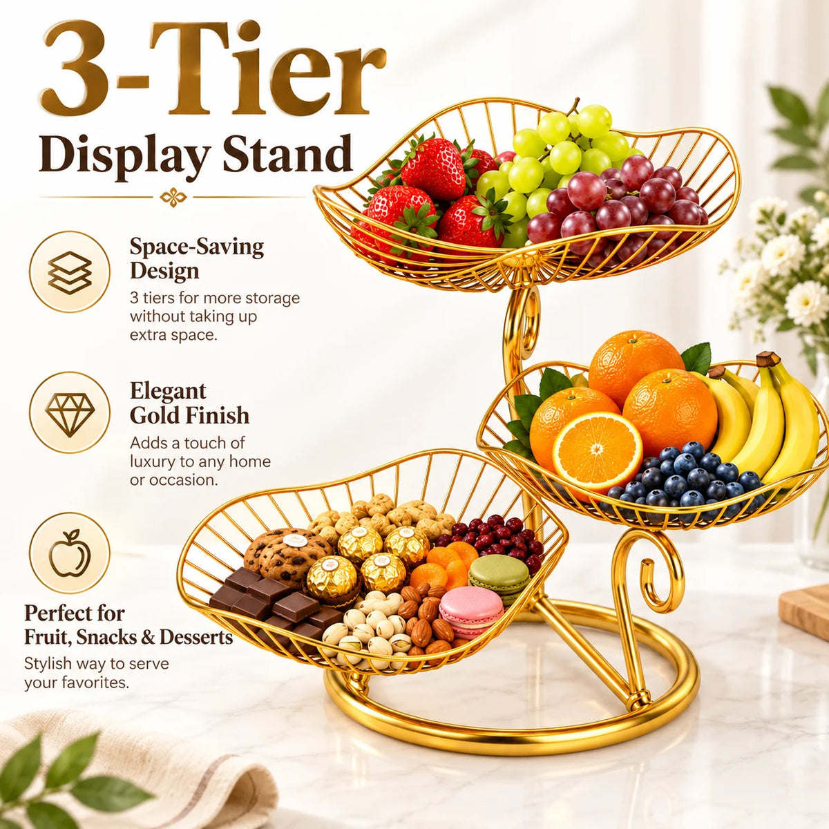 3-Tier Gold Metal Fruit Basket Stand,