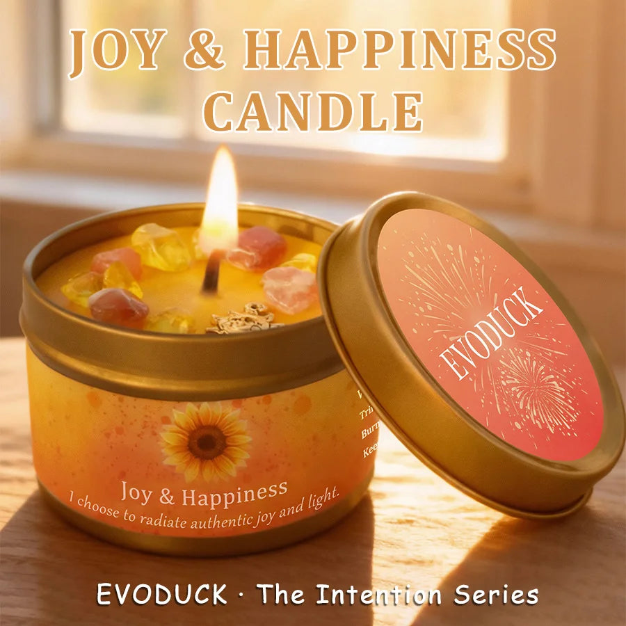 3Pcs Joy & Happiness Crystal Intention Scented Candle Set, Sweet Orange & Lemon Scented Soy Candles with Orange Calcite & Citrine, Positive Energy Mood Boost Uplifting Aromatherapy Tin Candles, Sunflower Summer Birthday Thank