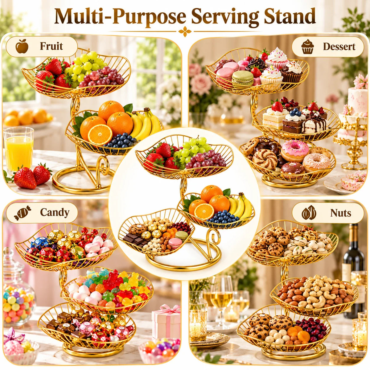 3-Tier Gold Metal Fruit Basket Stand,