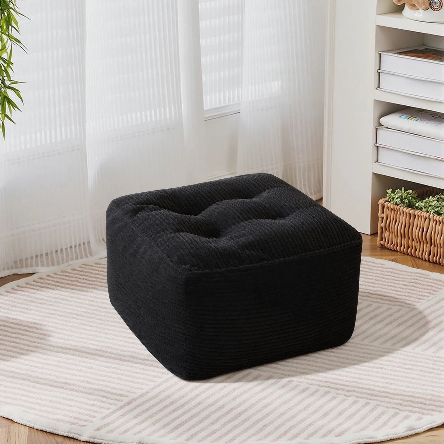 Black Corduroy Square Ottoman Footstool, Tufted Upholstered